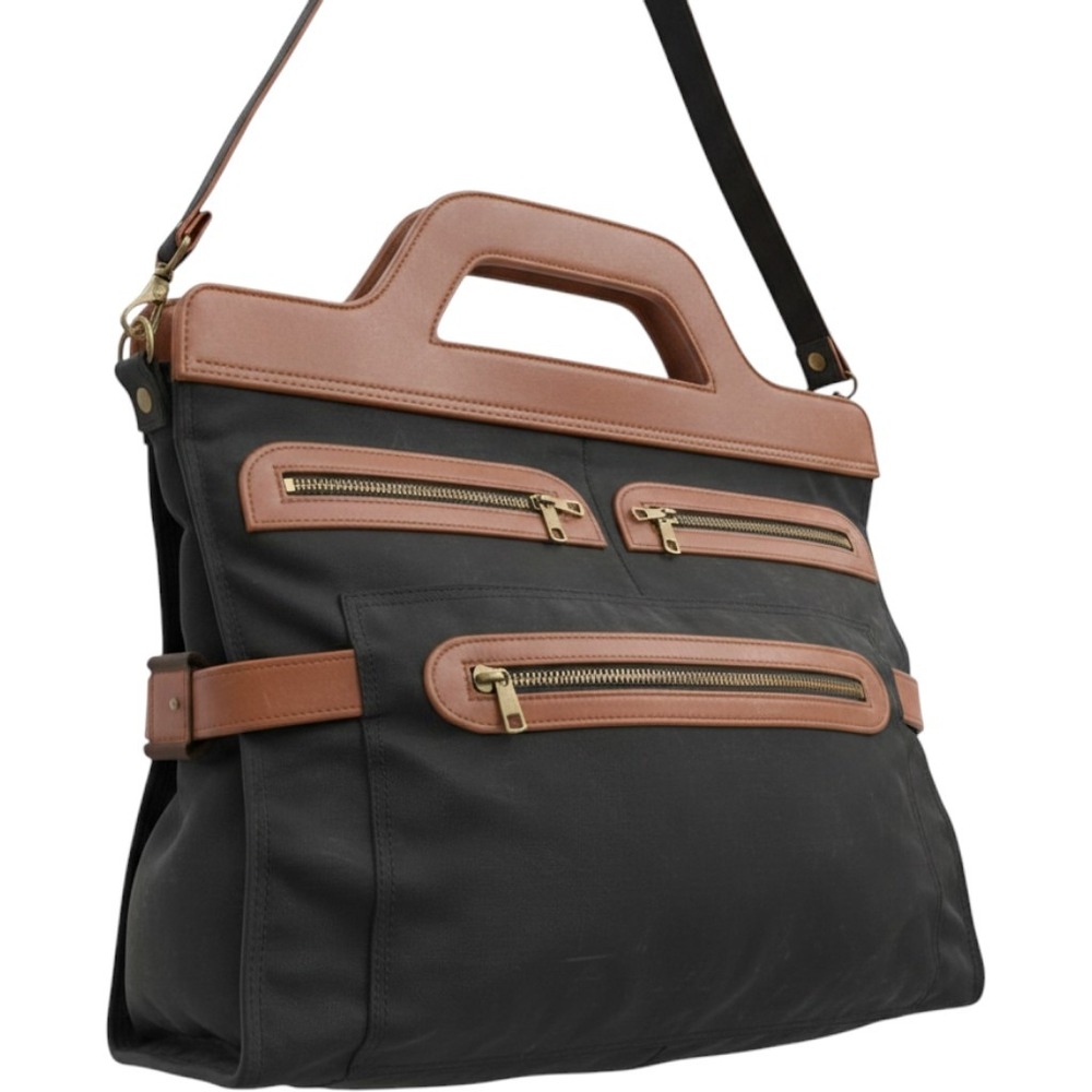 Houbigant Vintage Black Nylon Briefcase Bag Brown Faux Leather Trim Multi-Pocket